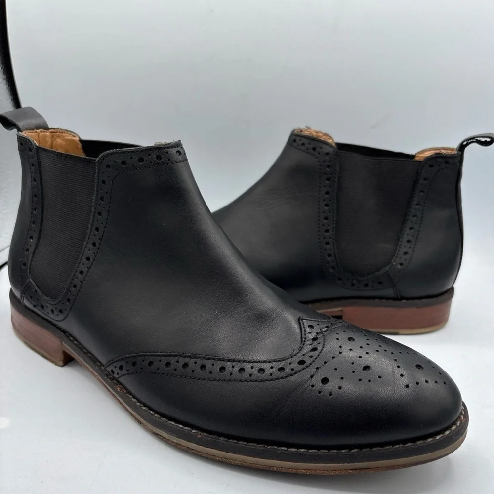 Thomas & Vine Watson Men´s Wingtip Chelsea Boot 10 Black Leather Comfort Pull on